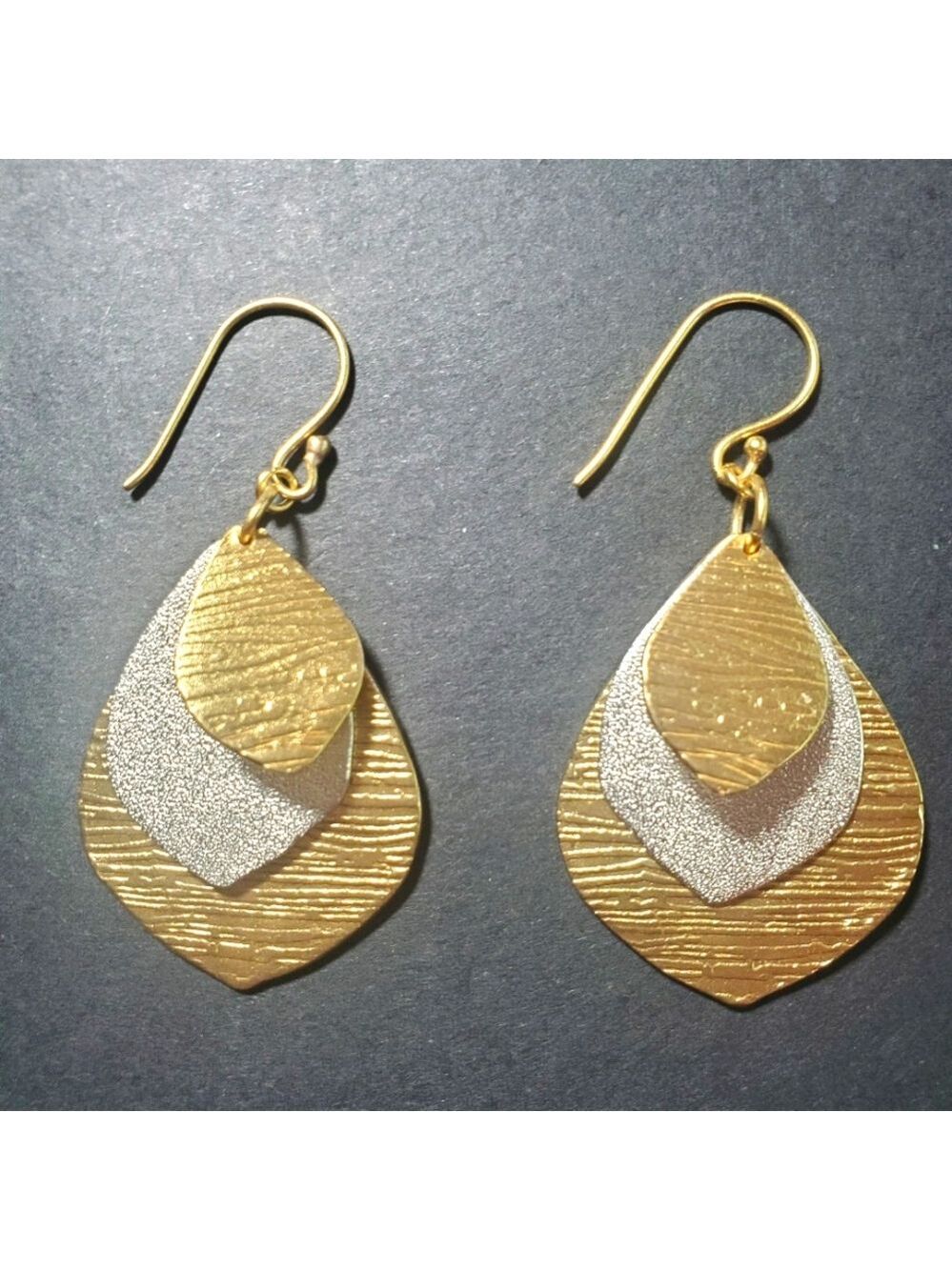 14k Gold & Silver Layered Drop Earrings with Etched Texture NWT